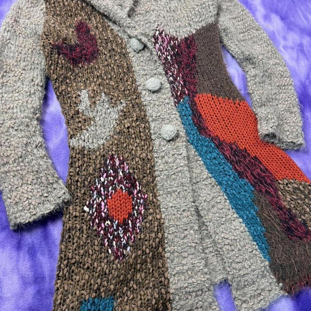 Cozy artsy chunky knit patchwork cardigan with mixed texture - Picture 3 of 6